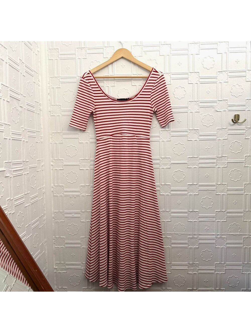 HATCH Striped Ribbed Scoop Neck Midi Dress Red White Stretch Size S